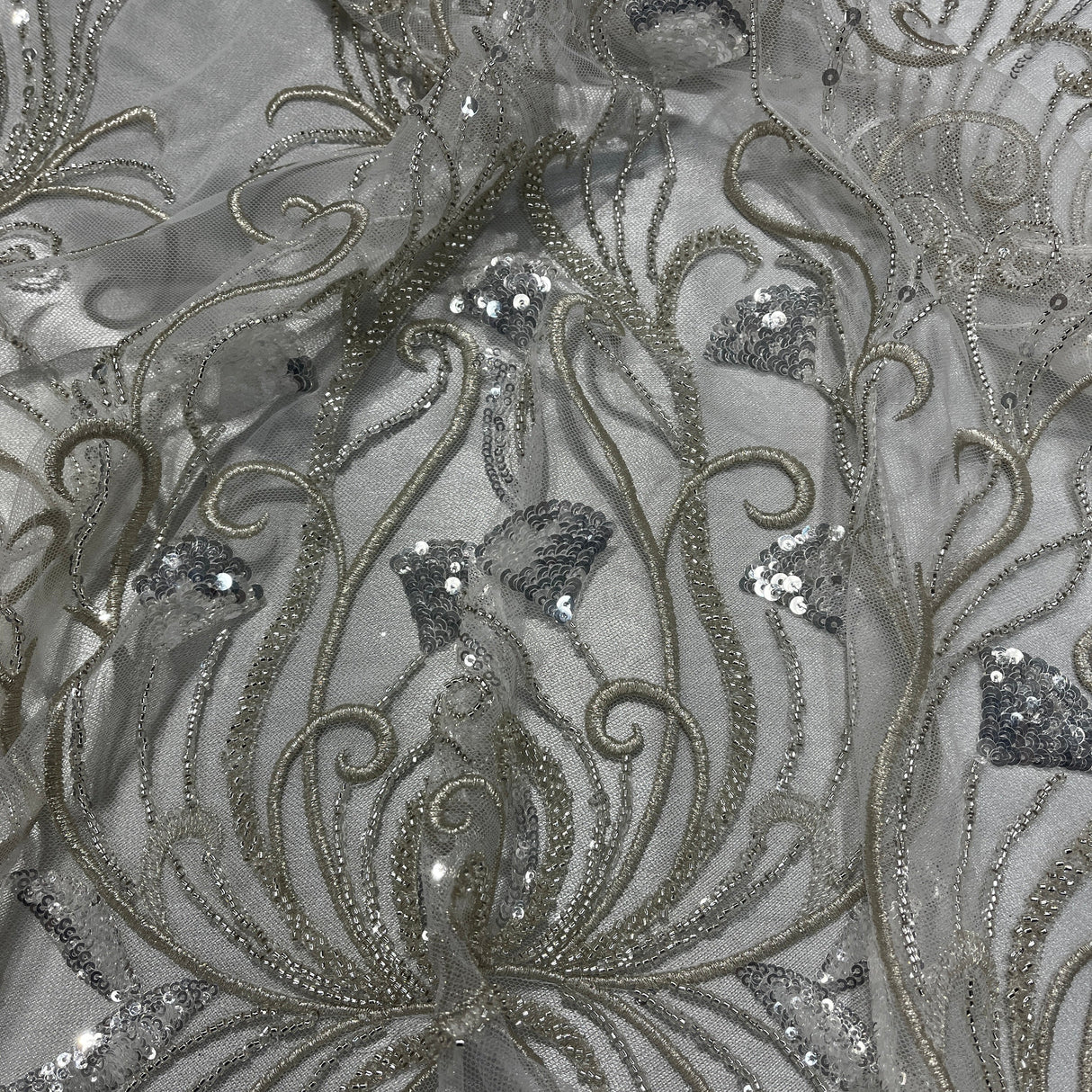 Beaded Lace Fabric Silver Mesh