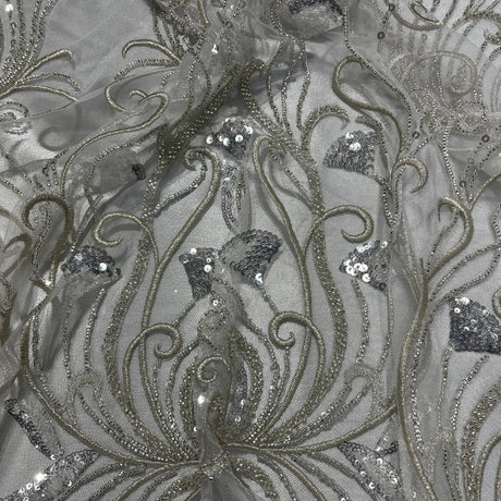 Beaded Lace Fabric Silver Mesh
