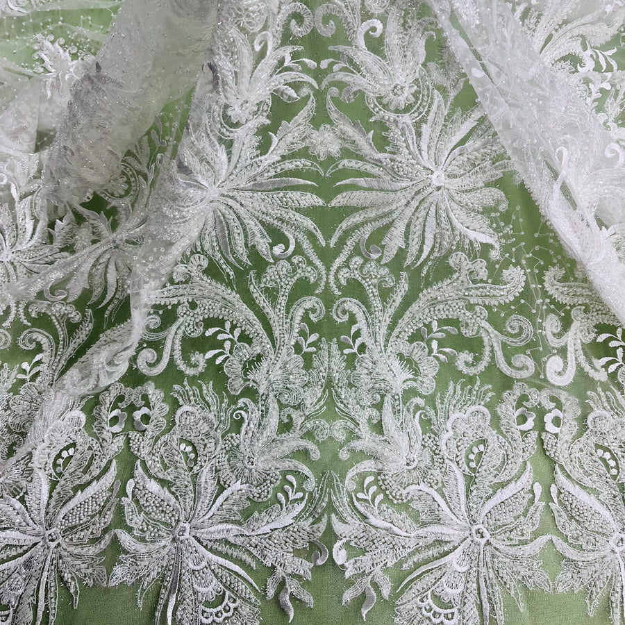 1 Yard Beaded Lace Fabric Embroidered With Fuzzy Thread on 100% Polyester Net Mesh