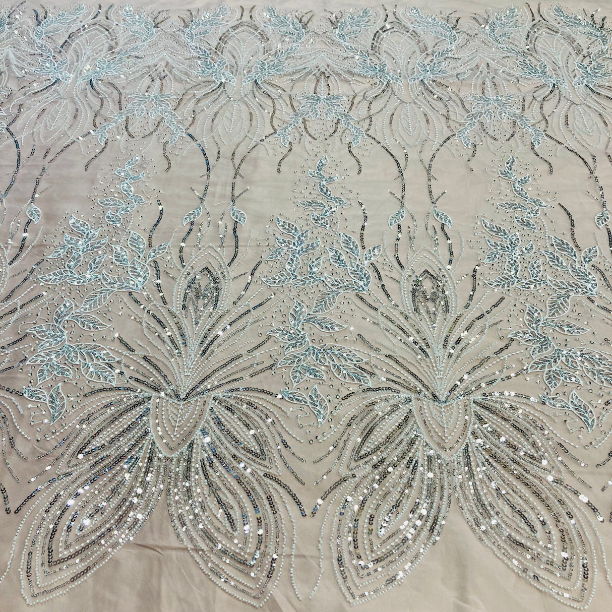 Beaded Lace Fabric on Polyester Net Mesh