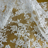 1 Yard Beaded & Corded Bridal Lace Fabric Embroidered on 100% Polyester Net Mesh 53" Wide