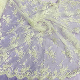 1 Yard - Corded Bridal Lace Fabric Embroidered on 100% Polyester Net Mesh - Ivory with Silver - 56"