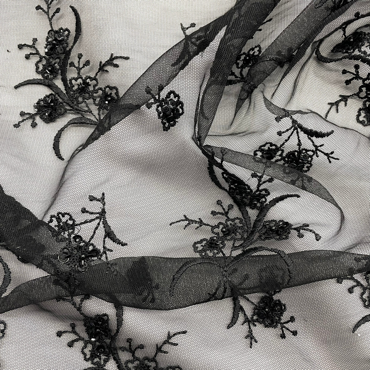 Beaded Lace Fabric on Polyester Net Mesh