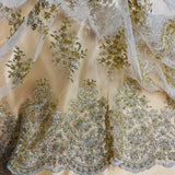 Beaded Corded Lace Fabric - Scalloped Embroidered Metallic Lace, 54" Width (1 Yard)
