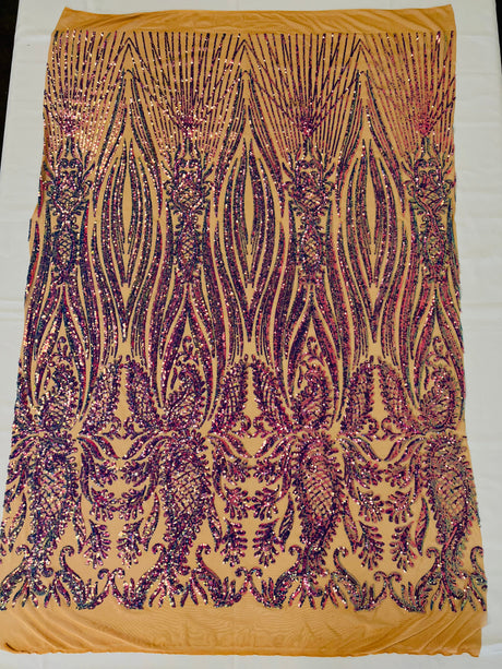 Paisley Sequin Design 4 Way Stretch Mesh Fabric - Nude Paisley Embroidered Iridescent Sequins, 48-50" Width, 36" Length (1 Yard)