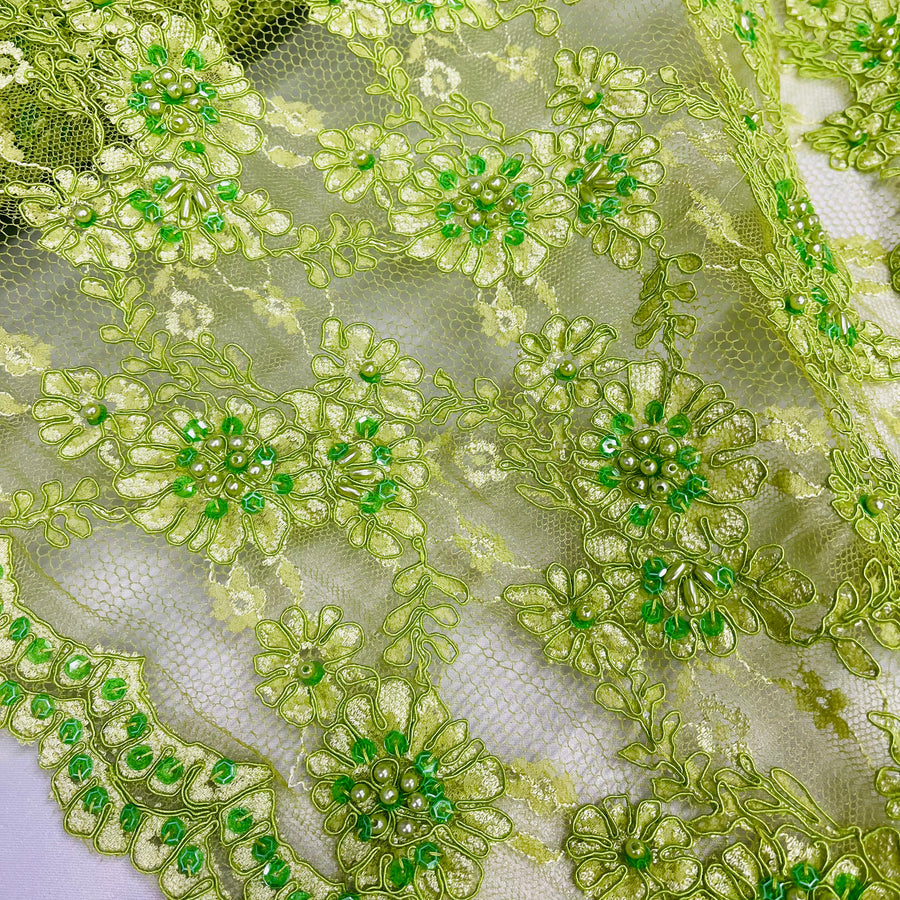 1 Yard Premium Beaded and Corded Lace Fabric Embroidered on Polyester Net Mesh