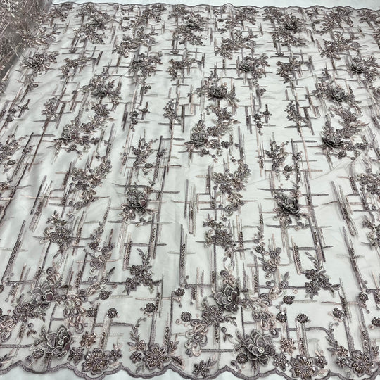 1 Yard Beaded Rhinestone 3D Floral Lace Fabric Embroidered 100 Percent Polyester Net Mesh 50 inch Width
