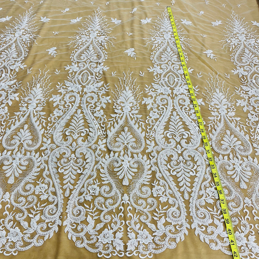 1 Yard Luxurious Beaded Lace Fabric Embroidered on Polyester Net Mesh White and Ivory