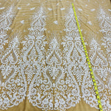 1 Yard Luxurious Beaded Lace Fabric Embroidered on Polyester Net Mesh White and Ivory