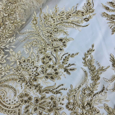 1 Yard Elegant Beaded and Corded Bridal Lace Fabric Embroidered on 100% Polyester Net Mesh White