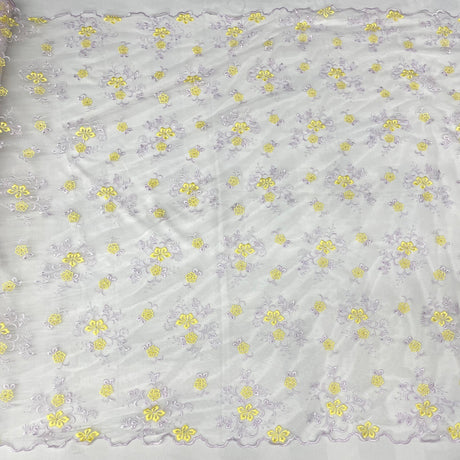 Beaded Lace Fabric Embroidered On 100 Percent Polyester Net Mesh - Orange/Brown, Yellow/Lilac, 54" Width (1 Yard)