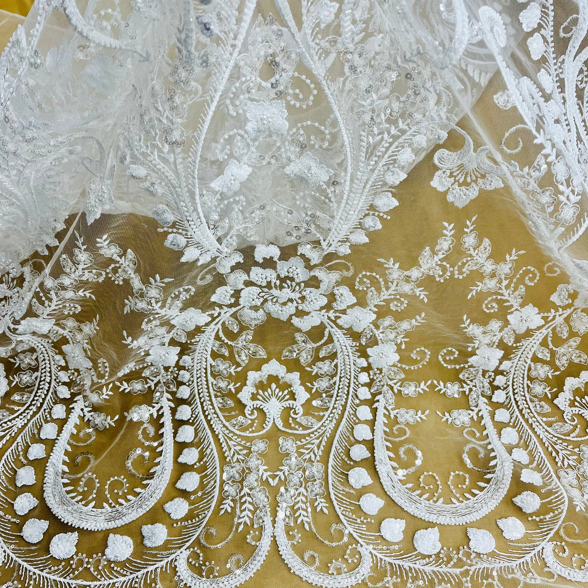 Beaded Lace Fabric Embroidered On 100 Percent Polyester Net Mesh - White, Ivory, Antique Silver, 51" Width (1 Yard)