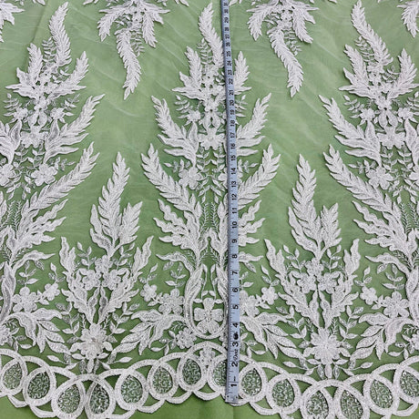 1 Yard Beaded & Corded Embroidered Lace Fabric on 100% Polyester Net Mesh 51" Wide