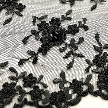 Beaded Corded Bridal Lace Black Mesh