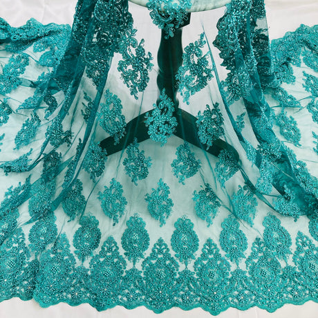 Beaded & Corded Lace Fabric - Embroidered On 100 Percent Polyester Net Mesh, Red/Jade/Coral, 54" Width (1 Yard)