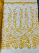 Wing Feather Damask Beaded Lace Fabric - Feather Damask, Beaded Mesh Lace, 50-54" Width (1 Yard)
