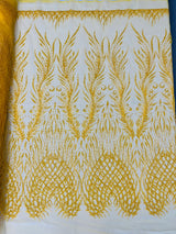 Wing Feather Damask Beaded Lace Fabric - Feather Damask, Beaded Mesh Lace, 50-54" Width (1 Yard)