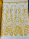 Wing Feather Damask Beaded Lace Fabric - Feather Damask, Beaded Mesh Lace, 50-54" Width (1 Yard)