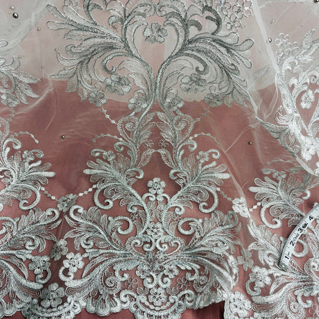 Beaded & Corded Bridal Lace Fabric - Gold, Silver Embroidered Net Mesh, 54" Width (1 Yard)