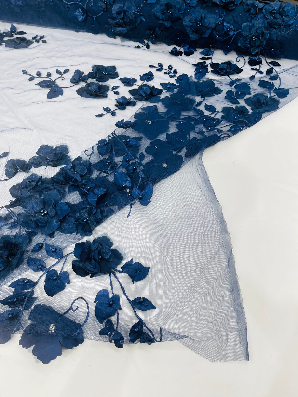 Orquidia 3D Floral Design Embroidered With Pearls Lace Fabric - 3D Floral Mesh Lace, 54" Width (1 Yard)