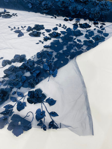 Orquidia 3D Floral Design Embroidered With Pearls Lace Fabric - 3D Floral Mesh Lace, 54" Width (1 Yard)
