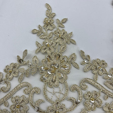 1 Yard Beaded & Corded Floral Lace Trimming on 100% Polyester Net Mesh, Elegant Embroidered Lace Trim