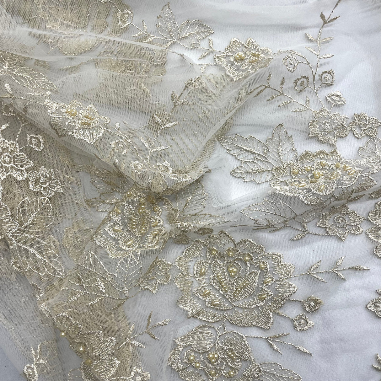 1 Yard Silver Beaded Embroidered Lace Fabric on Polyester Net Mesh for Bridal and Evening Couture – 52"