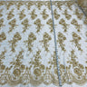 1 Yard Beaded Corded Bridal Lace Fabric Embroidered on 100% Polyester Net Mesh White