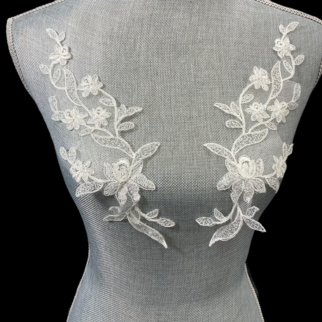 Corded Floral Applique Polyester Fabric - Ivory, White, Ivory With Silver, White With Silver, 11" X 3" (1 Pair)