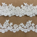 Beaded Corded Floral Lace Trimming Polyester Fabric - Floral Embroidered Net Mesh, 2" Width (1 Yard)
