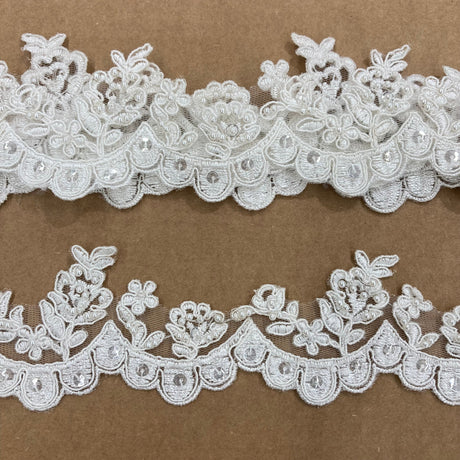 Beaded Corded Floral Lace Trimming Polyester Fabric - Floral Embroidered Net Mesh, 2" Width (1 Yard)