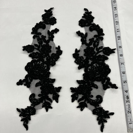 Beaded & Corded Floral Lace Applique Polyester Fabric - Floral Embroidered Net Mesh, 15" X 3.5", 3 Colors (1 Pair)