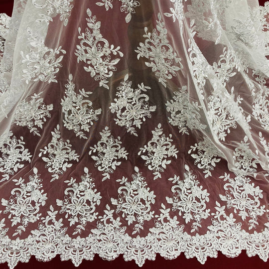 1 Yard Elegant Beaded and Corded Bridal Lace Fabric Embroidered on Polyester Net Mesh
