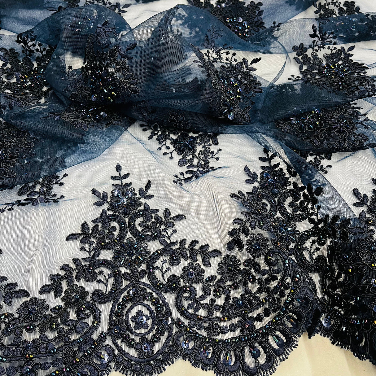Beaded Corded Lace Fabric 56" Polyester Net Mesh