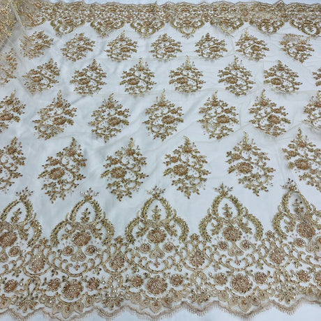 1 Yard Luxurious Beaded and Corded Bridal Lace Fabric Embroidered on Polyester Net Mesh