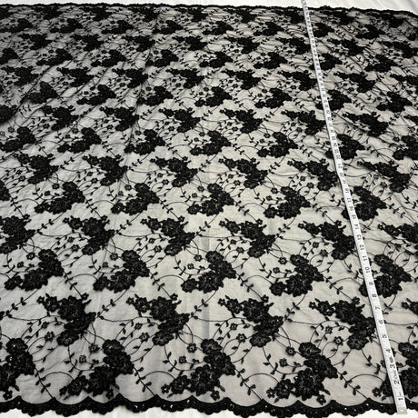 Beaded Corded Lace Fabric - Embroidered 100 Percent Polyester Net Mesh, 52" Width (1 Yard)