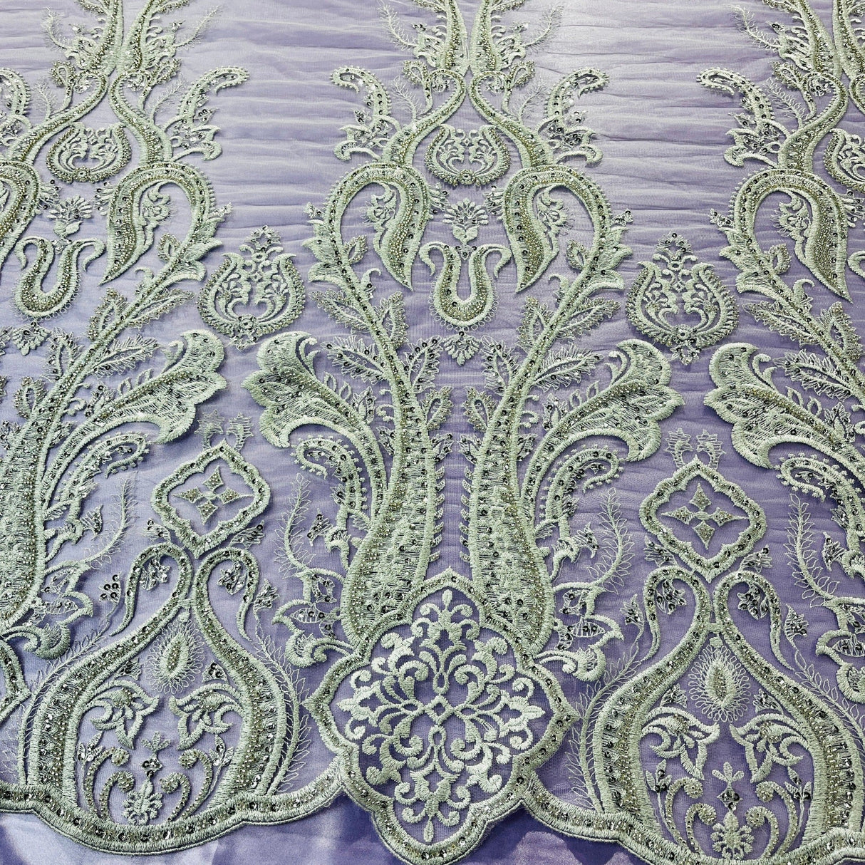 Beaded Lace Fabric on Polyester Net Mesh