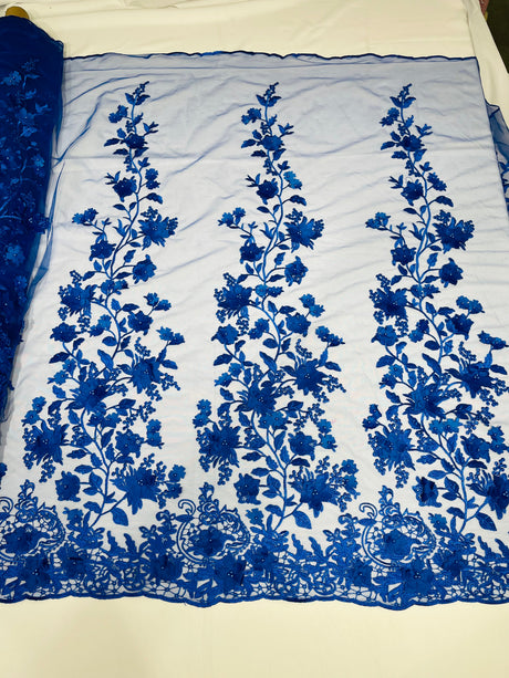 Princess 3D Floral Lace Polyester Fabric - Beaded Mesh Lace, 50" Width (1 Yard)