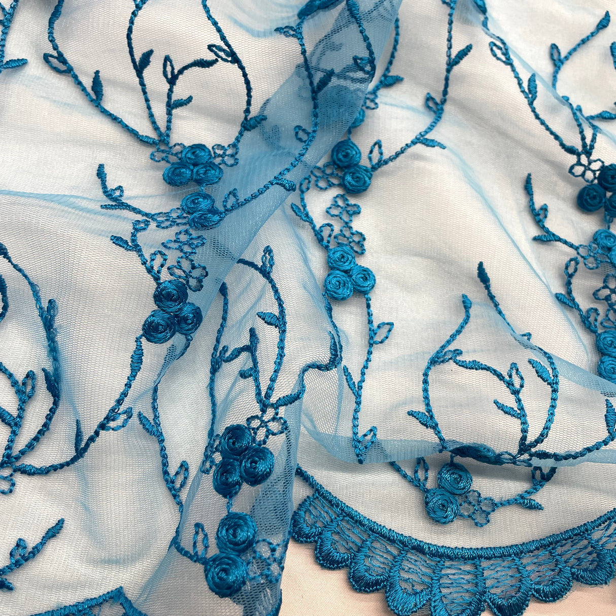 Embroidered Lace Fabric Turquoise Mesh