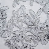 1 Yard Beaded Corded Bridal Lace Fabric Embroidered on Polyester Net White