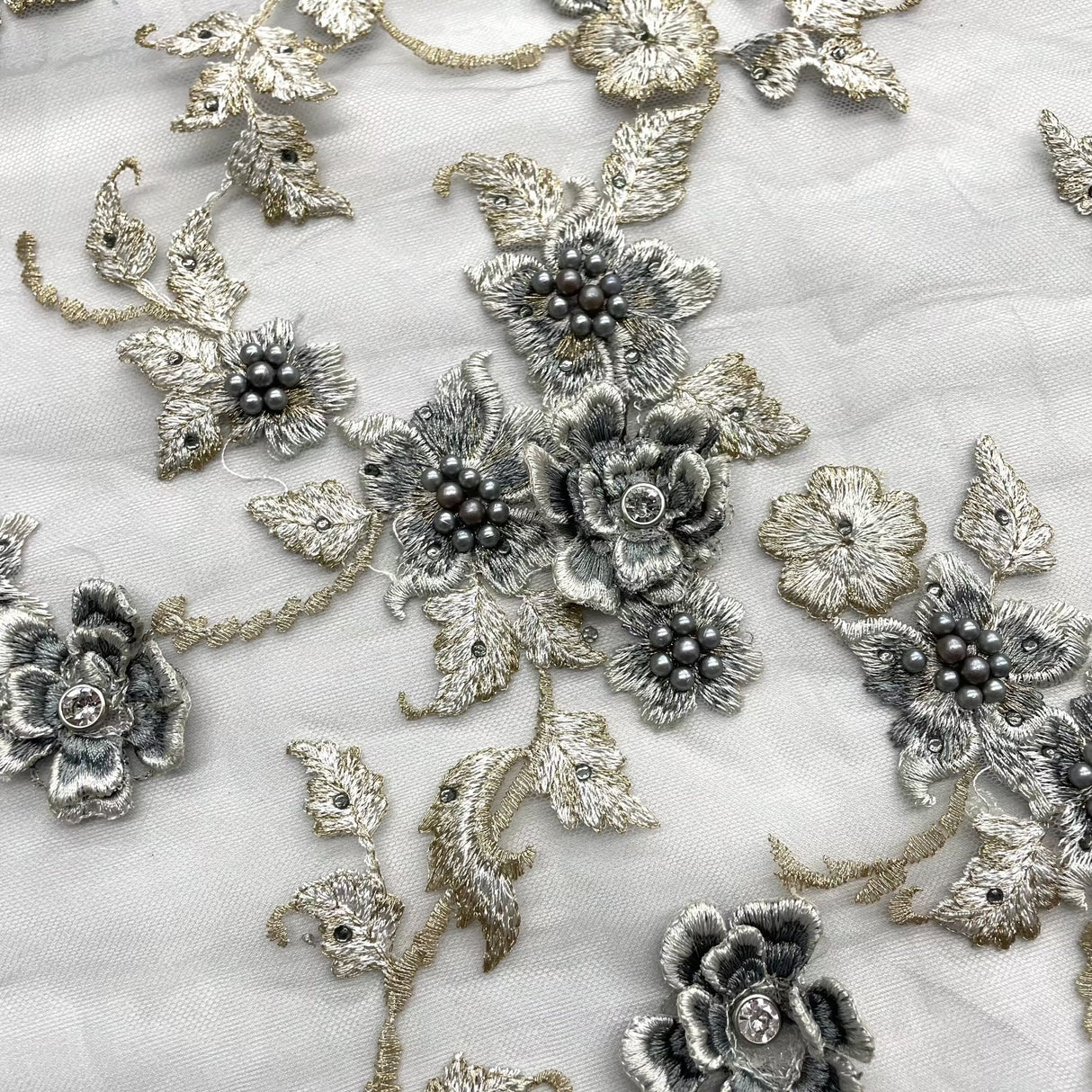 Beaded 3D Floral Lace Fabric