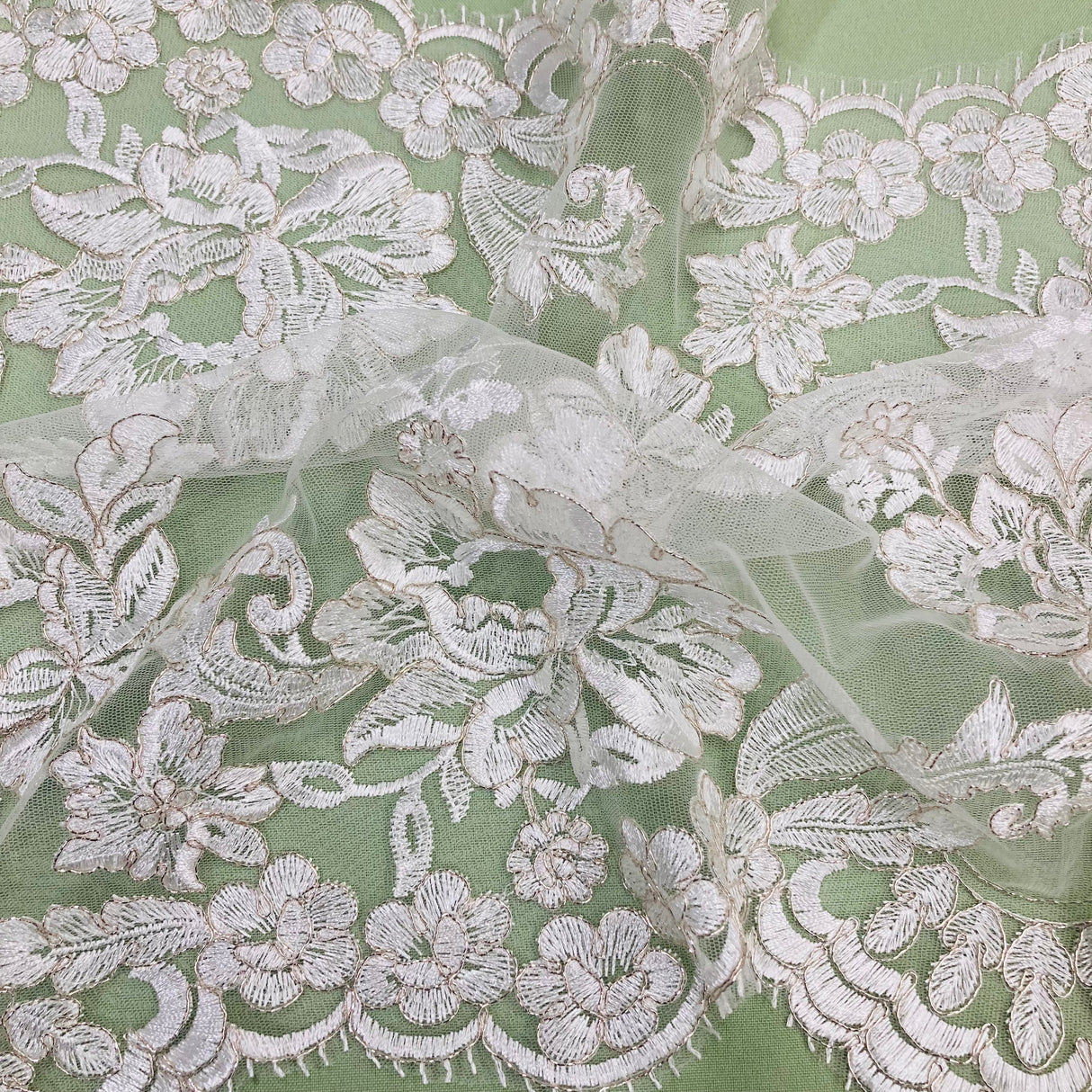 Double Sided Floral Lace Trimming Corded Embroidered On 100 Percent Polyester Net Mesh Fabric - Floral Corded Embroidered Lace Trim, 17.5" Width (1 Yard)