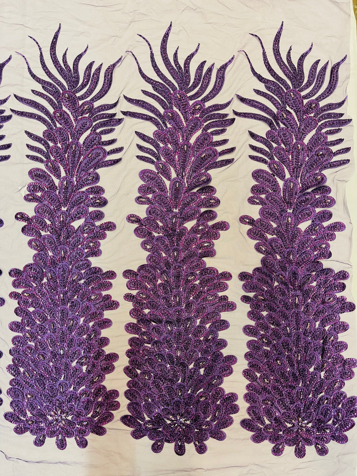 New Vegas Heavy Beaded Feather Design Embroidery Mesh Fabric - Beaded Feather Design, 11" Width, 50" Length (1 Panel)
