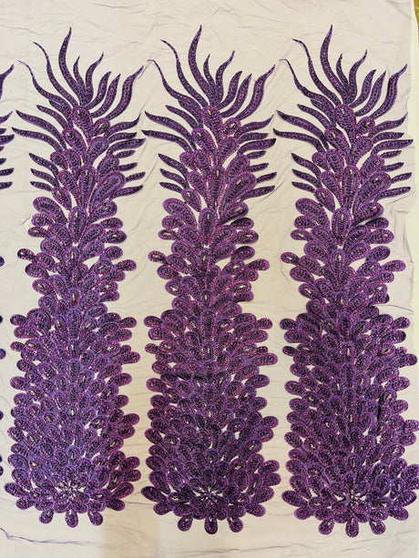 New Vegas Heavy Beaded Feather Design Embroidery Mesh Fabric - Beaded Feather Design, 11" Width, 50" Length (1 Panel)