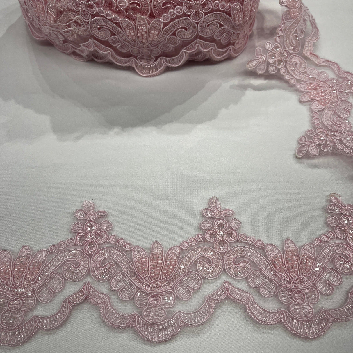 Beaded Corded Lace Trim on Net Mesh