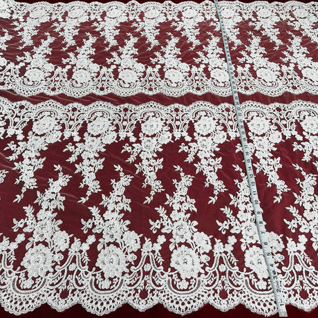 1 Yard Corded Bridal Lace Fabric with Elegant Floral Embroidery White