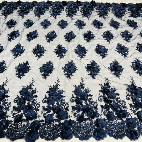 Beaded 3D Floral Lace Polyester Fabric - Black, Navy, Silver, 54" Width (1 Yard)