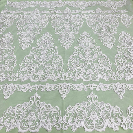 1 Yard Elegant Corded Bridal Lace Fabric Embroidered on 100% Polyester Net Mesh White