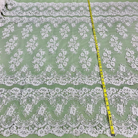 1 Yard Luxurious Beaded and Corded Bridal Lace Fabric Embroidered on 100% Polyester Net Mesh White