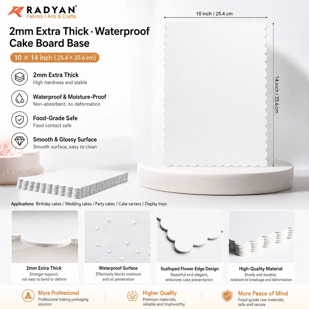 RADYAN 2mm Extra Thick Food Grade Cake Board Waterproof Scalloped Rectangle Cake Tray